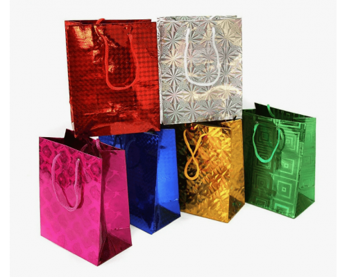 Пакет подарочный бумажный 12*15*5,5 голографический микс цвет в ассортименте купить в Новосибирске в Упакофф