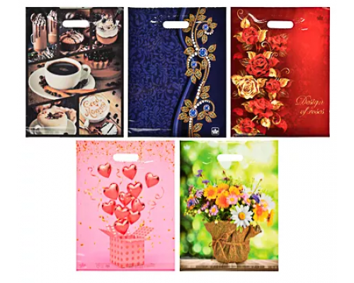 Пакет с вырубной ручкой 40*50 70мкм В АССОРТИМЕНТЕ купить в Новосибирске в Упакофф