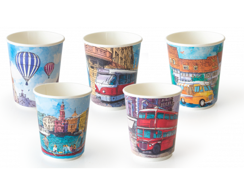 Стакан бумажный 350мл D90 с рисунком в ассортименте